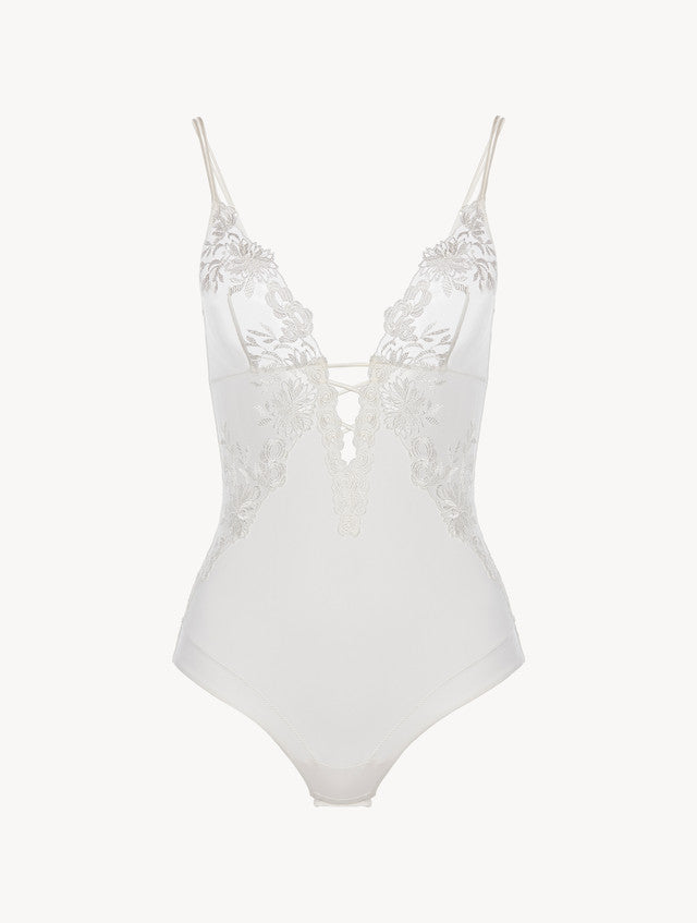 Bodysuit in off-white Lycra with embroidered tulle