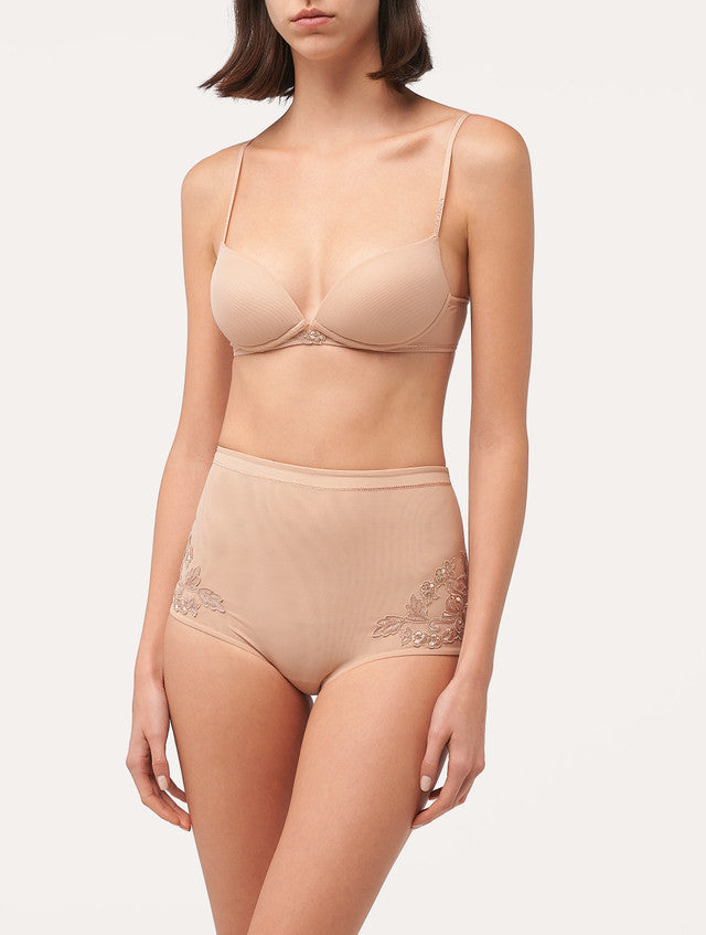 High-waisted Briefs in sand stretch tulle