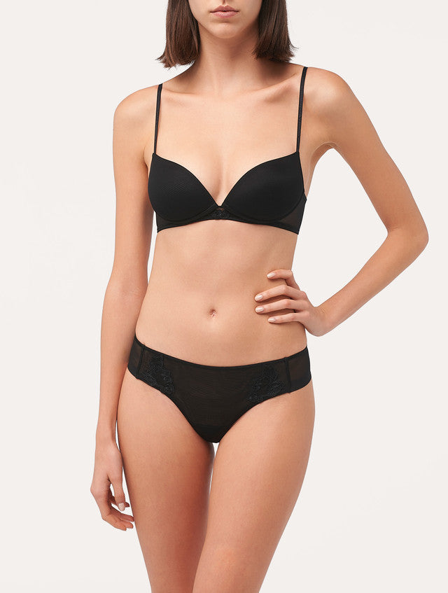 Thong in sheer black embroidered tulle