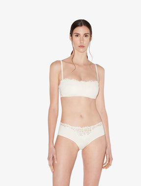 Off-white non-wired bandeau bra with macramé