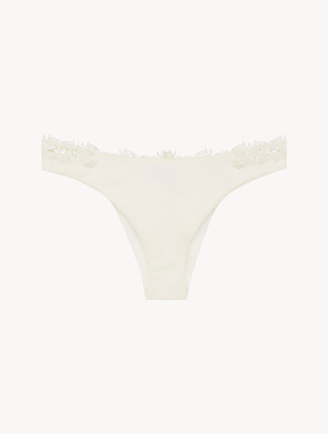 Brazilian brief in off-white Lycra with macrame