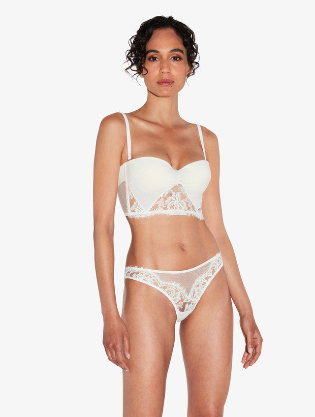 Bandeau Bra in Off White with Cotton Leavers Lace