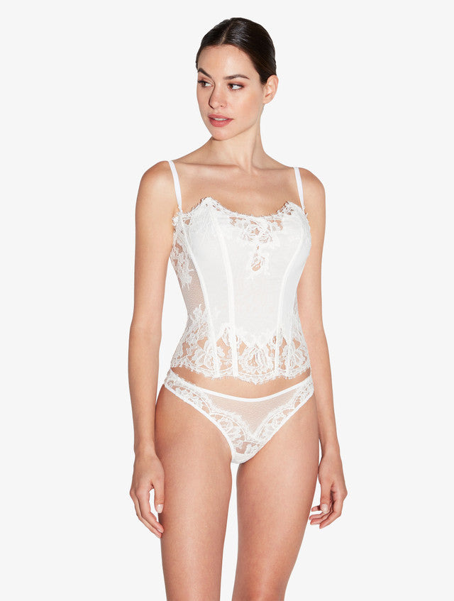 Brazilian Brief in Off White with Cotton Leavers Lace