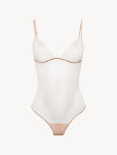 Bodysuit in Linen and Nude Rose with Leavers lace