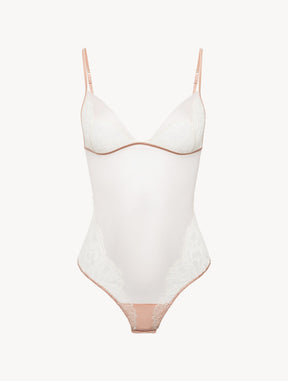 Bodysuit in Linen and Nude Rose with Leavers lace