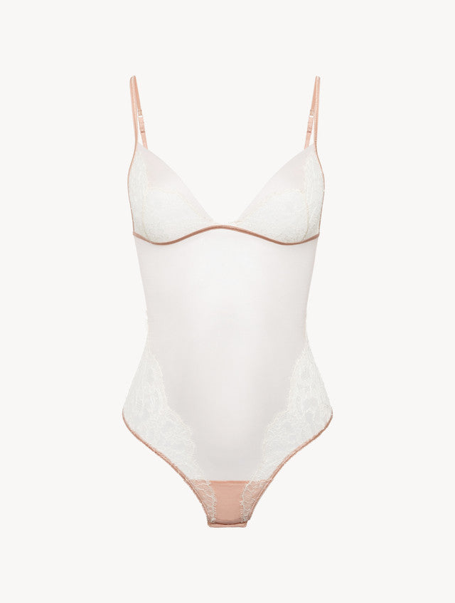 Bodysuit in Linen and Nude Rose with Leavers lace