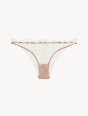 Brazilian Brief in Linen and Nude Rose with Leavers lace