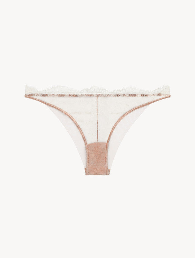 Brazilian Brief in Linen and Nude Rose with Leavers lace