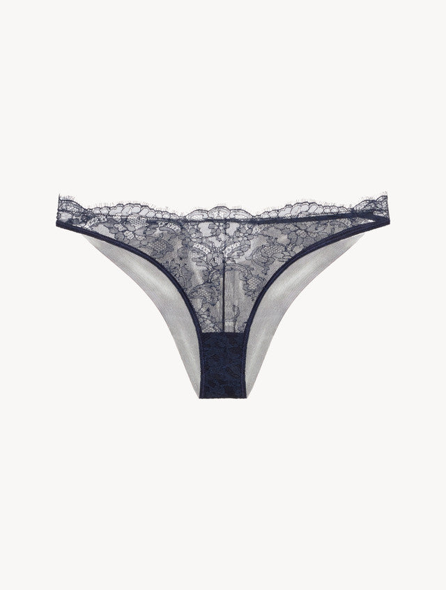 Brazilian Brief in Steel Blue and Black with Leavers lace