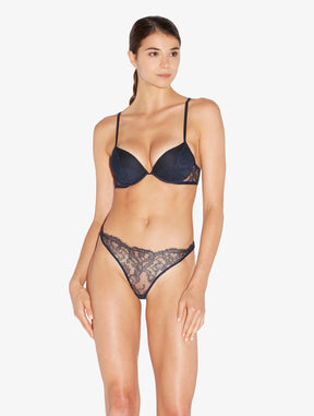 Brazilian Brief in Steel Blue and Black with Leavers lace