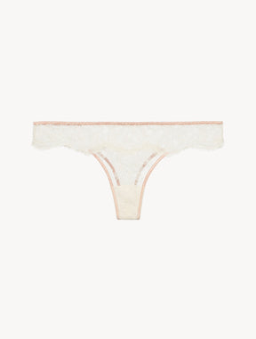 Thong in Linen and Nude Rose with Leavers lace