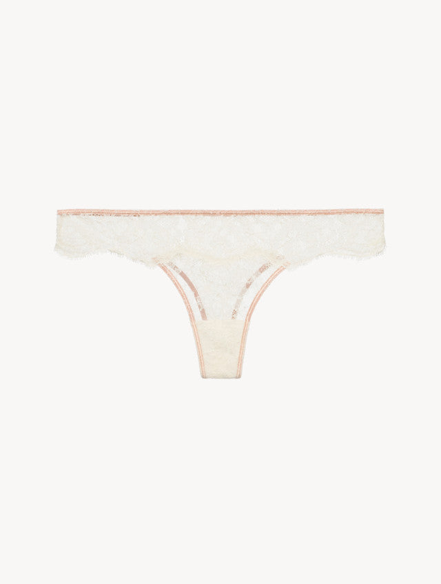 Thong in Linen and Nude Rose with Leavers lace