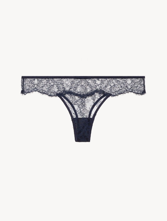 Thong in Steel Blue and Black with Leavers lace