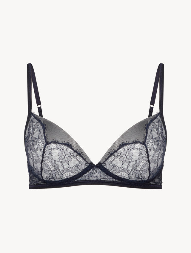 Soft Bralette in Steel Blue and Black with Leavers lace