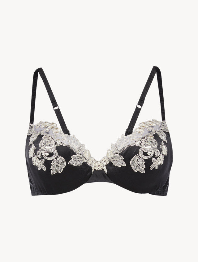 Silk Underwired Bra in black with ivory frastaglio