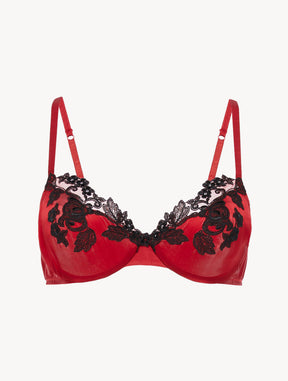 Silk Underwired Bra in red with black frastaglio
