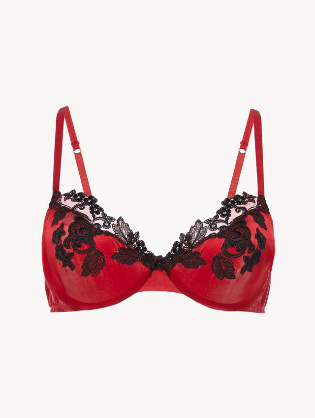 Silk Underwired Bra in red with black frastaglio