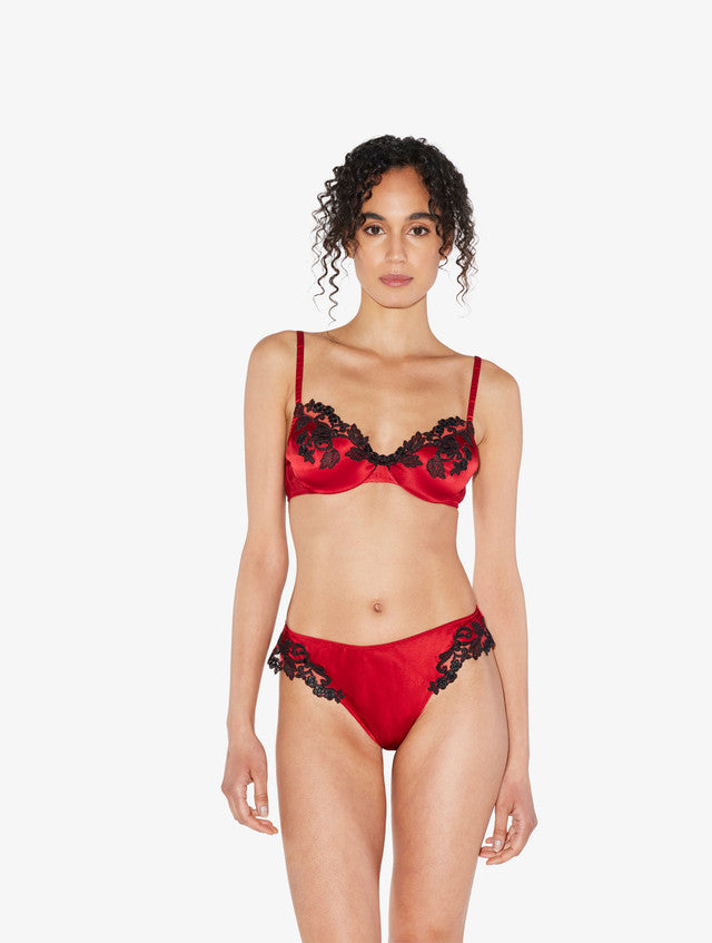Silk Underwired Bra in red with black frastaglio
