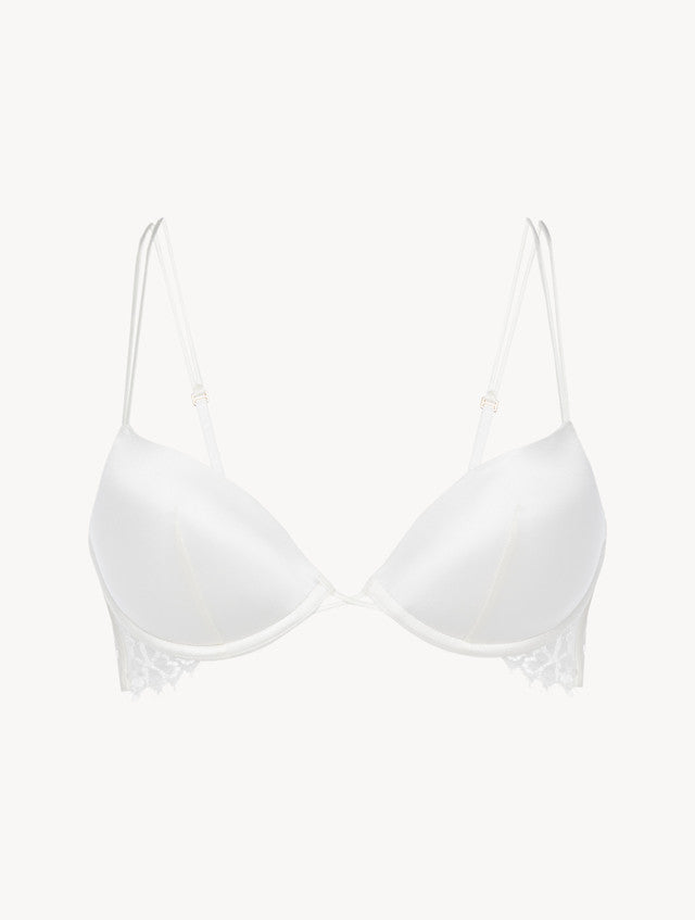 Off-white padded push-up bra with Leavers lace trim