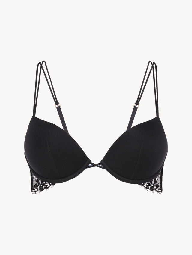 Black padded push-up bra with Leavers lace trim