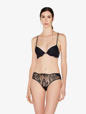 Black padded push-up bra with Leavers lace trim