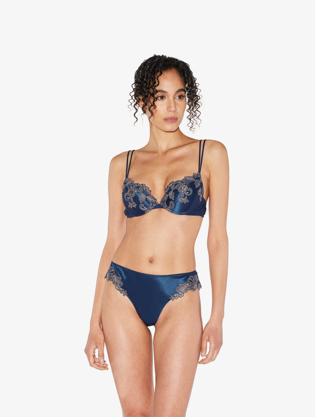 Blue silk Push-up Bra with frastaglio