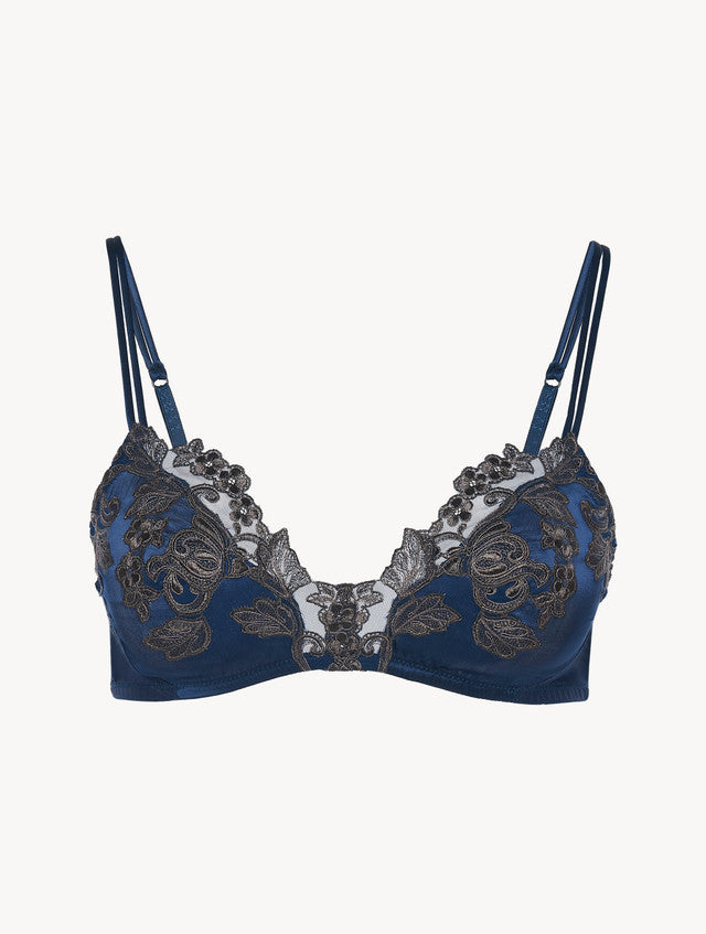 Blue silk Triangle Bra with frastaglio