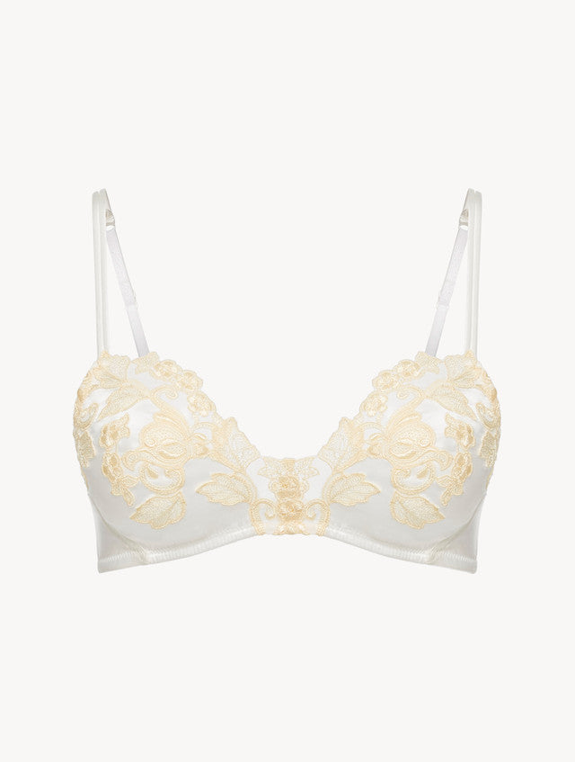 White silk Triangle Bra with ivory frastaglio