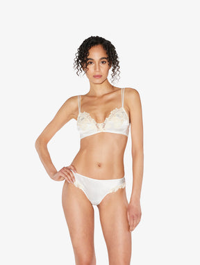 White silk Triangle Bra with ivory frastaglio