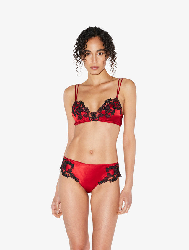 Red silk Triangle Bra with black frastaglio