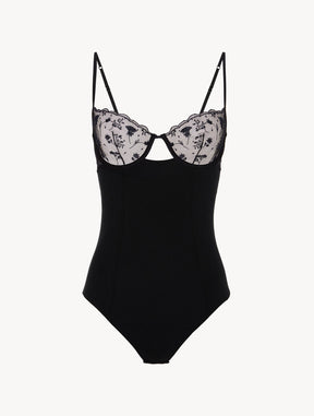 Bodysuit in Onyx with embroidered tulle