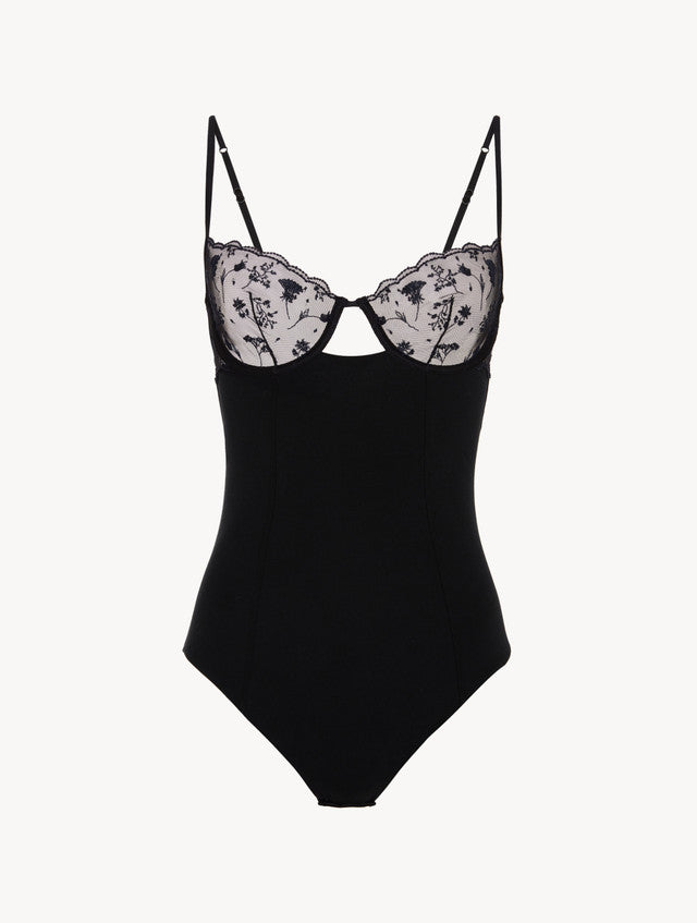 Bodysuit in Onyx with embroidered tulle