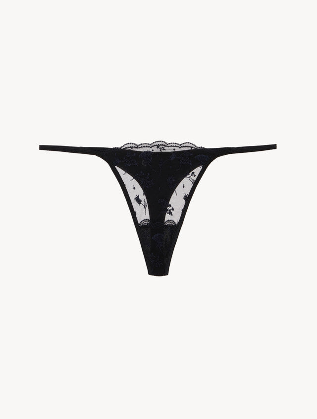Thong in Onyx with embroidered tulle
