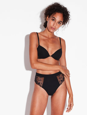 High Waisted Briefs in Onyx with embroidered tulle
