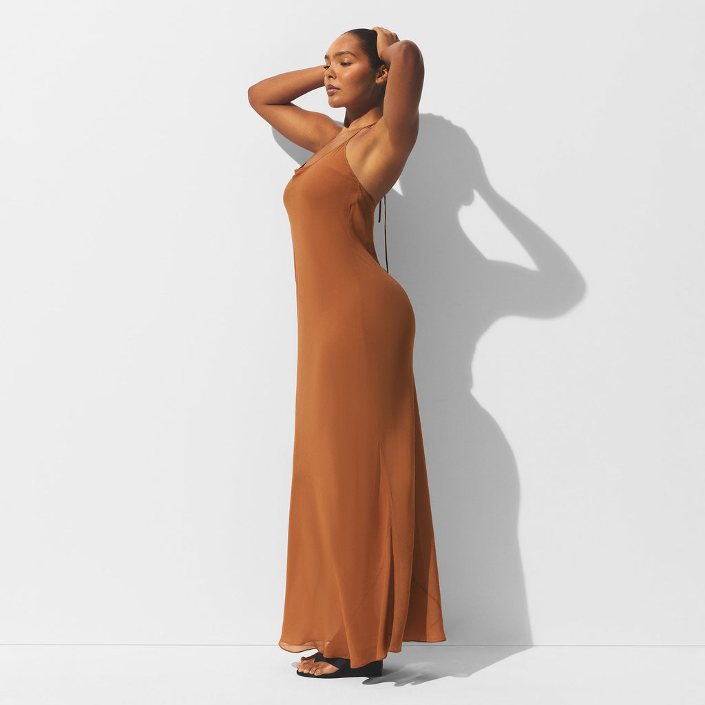 SHEER COVER-UPS LONG HALTER DRESS | CHESTNUT