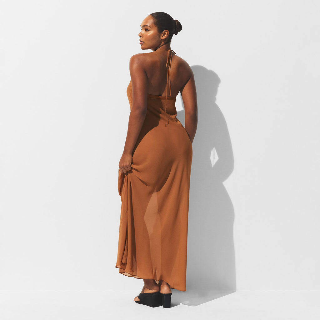 SHEER COVER-UPS LONG HALTER DRESS | CHESTNUT
