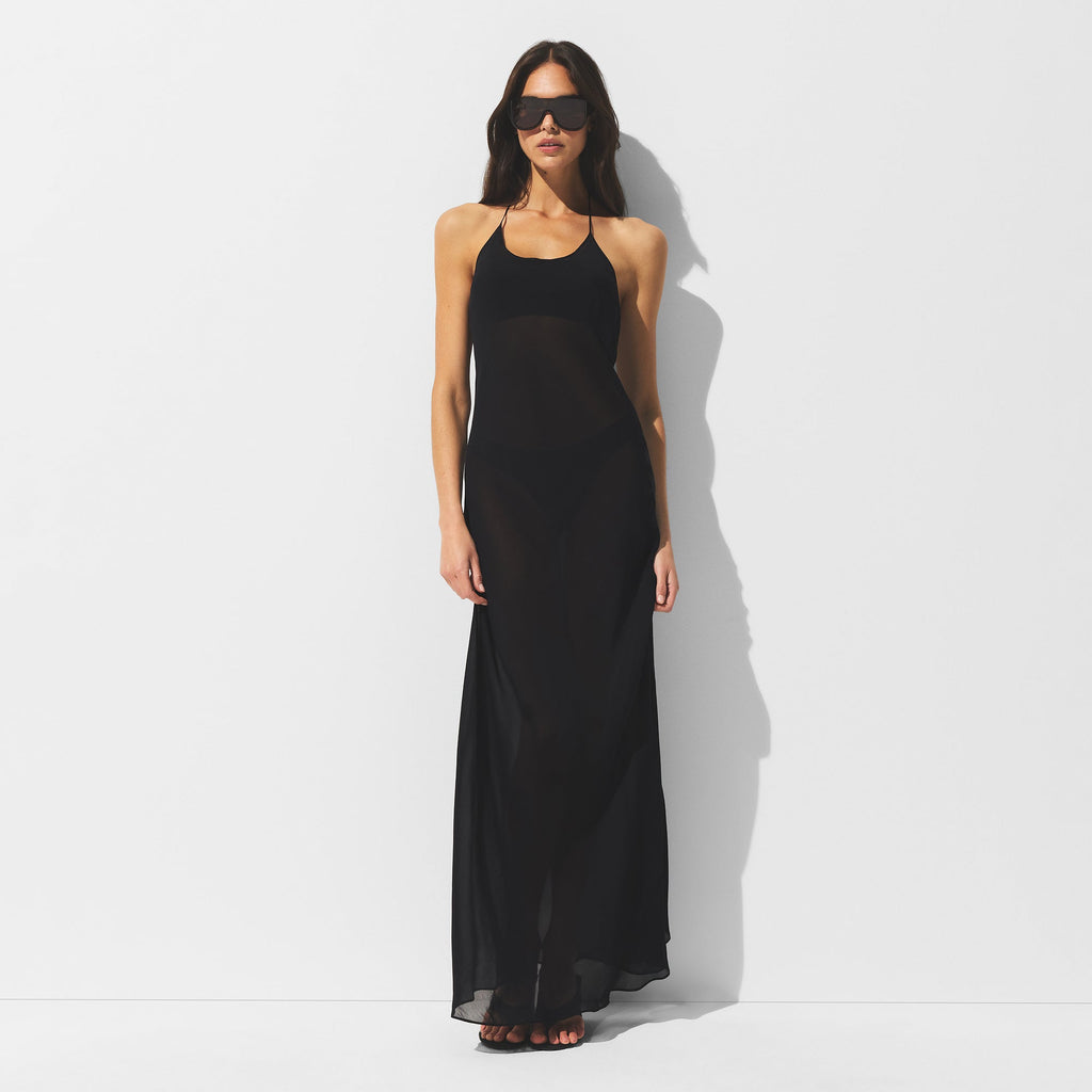 SHEER COVER-UPS LONG HALTER DRESS | OBSIDIAN