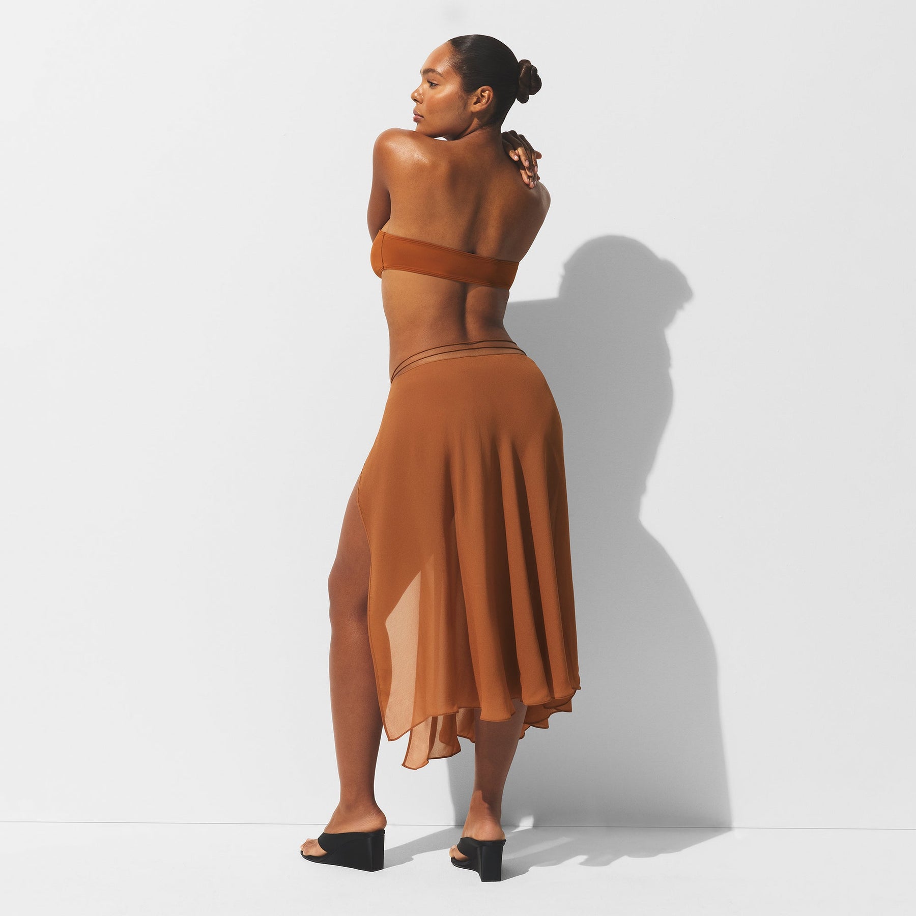 SHEER COVER-UPS TIE SIDE MIDI SKIRT | CHESTNUT