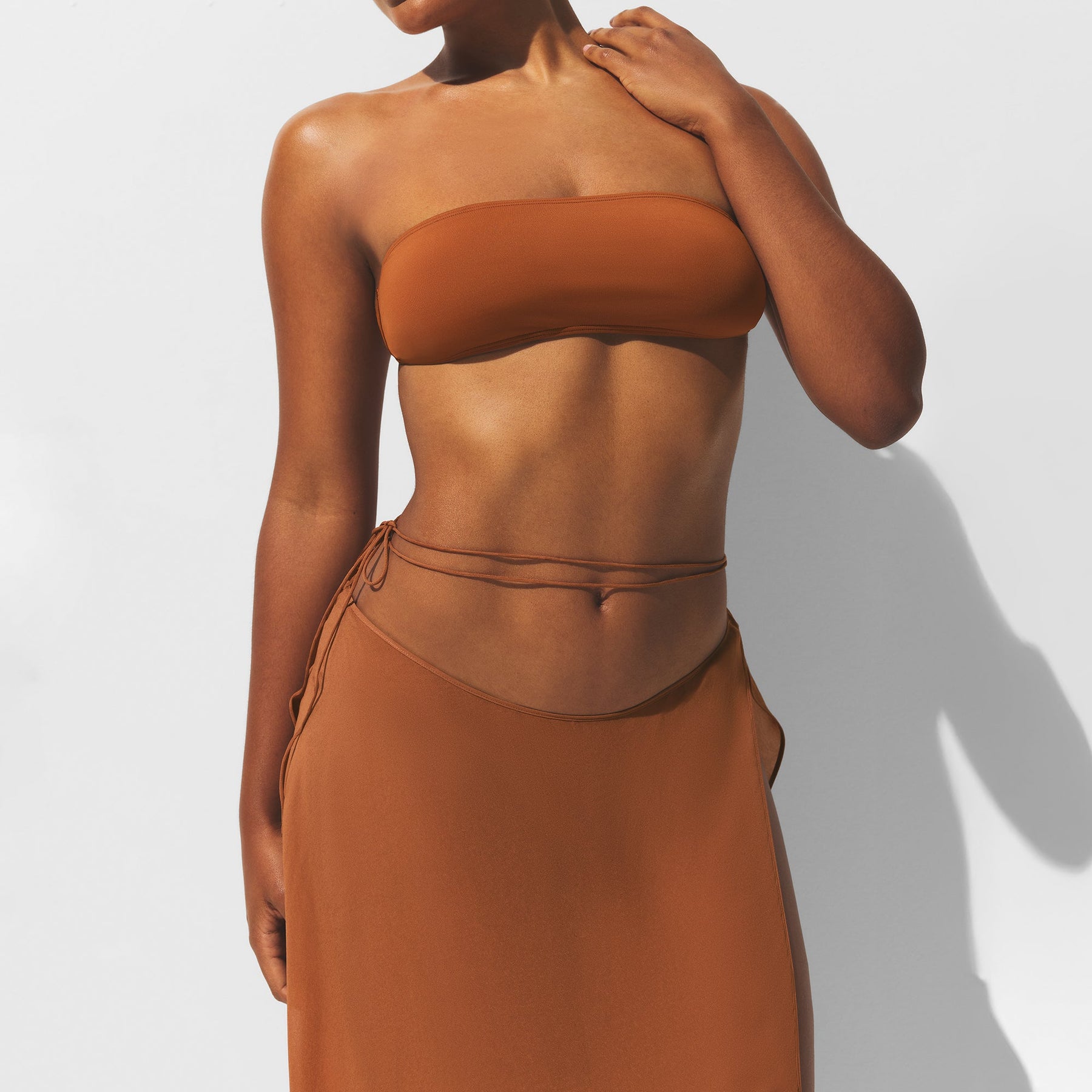SHEER COVER-UPS TIE SIDE MIDI SKIRT | CHESTNUT