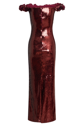 Carrie Sequin Rose Maxi Dress - Mahogany