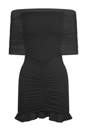 Caspian Slinky And Mesh Off Shoulder Mini Dress - Black