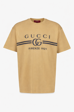 Gucci Beige Cotton Jersey T-Shirt with Gucci Print