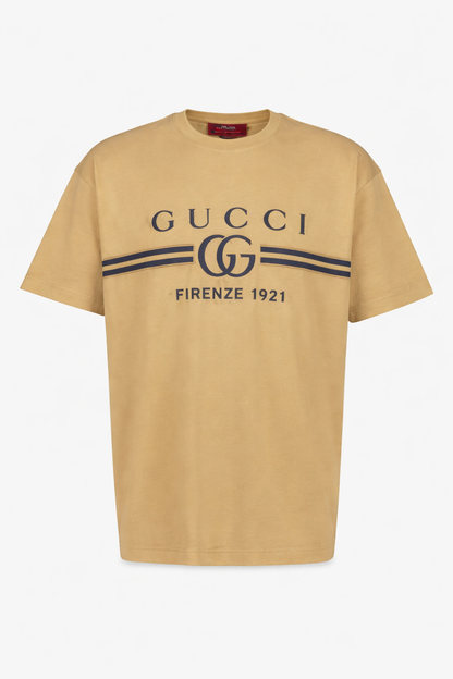 Gucci Beige Cotton Jersey T-Shirt with Gucci Print
