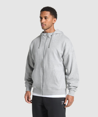 Gymshark Crest Oversized Zip Up Hoodie - Light Grey Core Marl