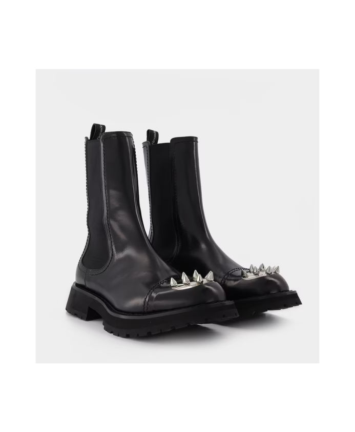 Black Leather Studded Ankle Boots