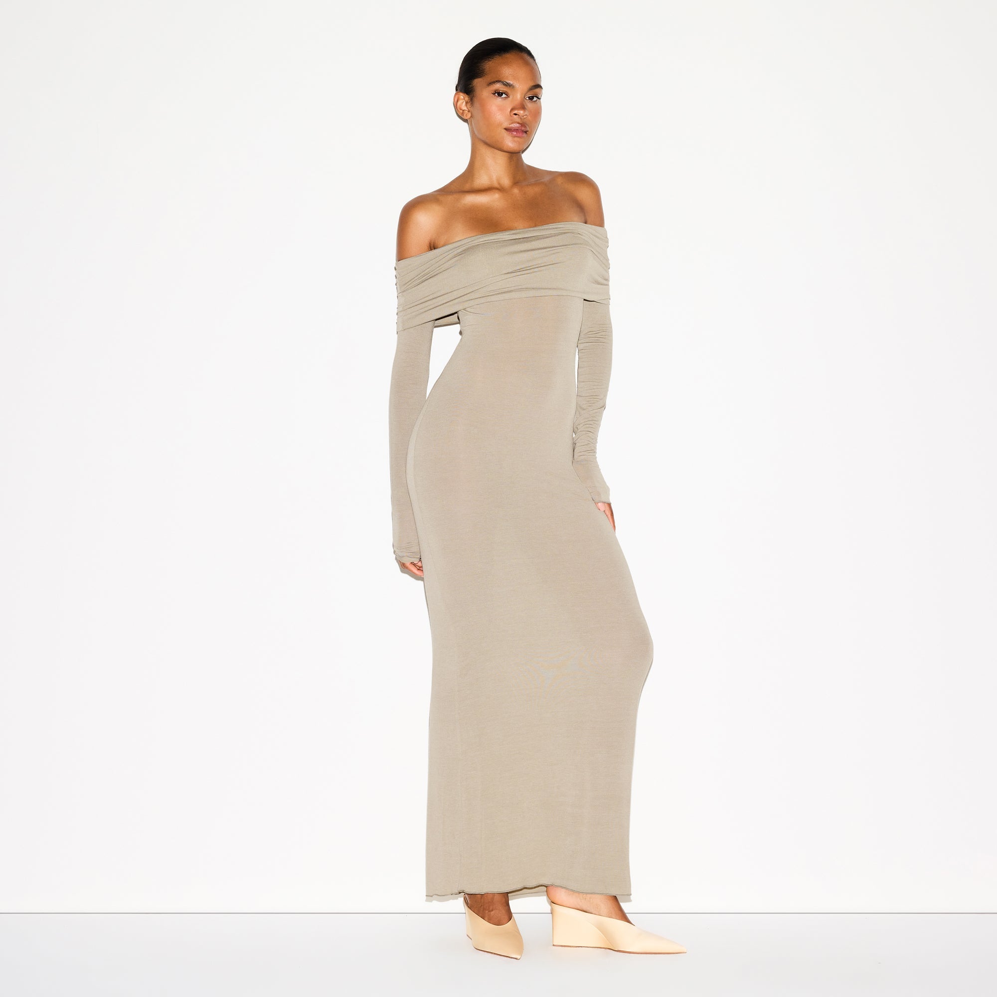 SHEER MODAL OFF THE SHOULDER LONG DRESS | DUNE