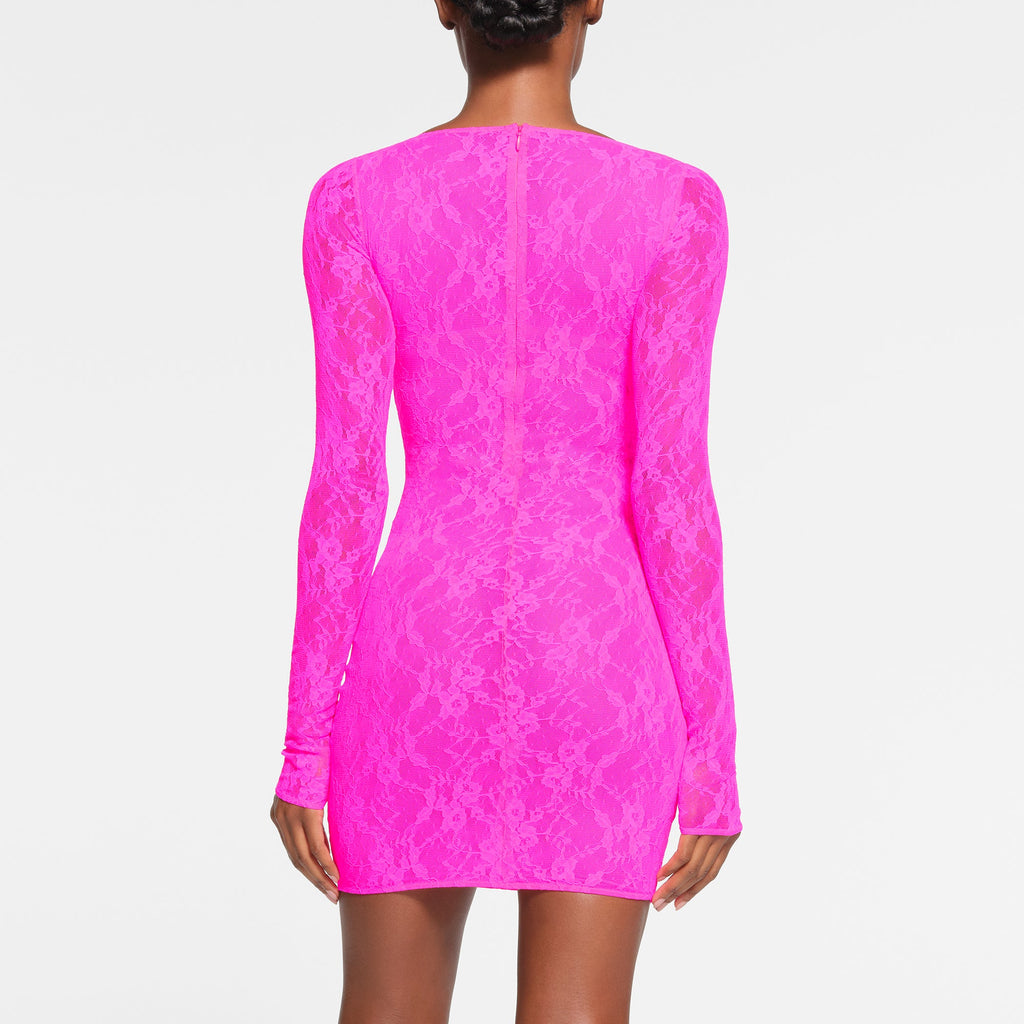 STRETCH LACE LINED LONG SLEEVE UNDERWIRE DRESS | NEON PINK