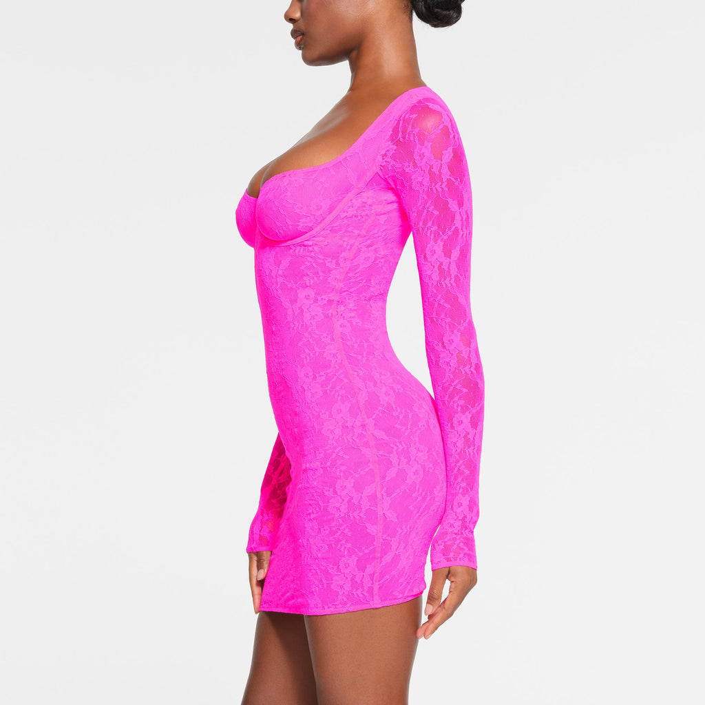 STRETCH LACE LINED LONG SLEEVE UNDERWIRE DRESS | NEON PINK