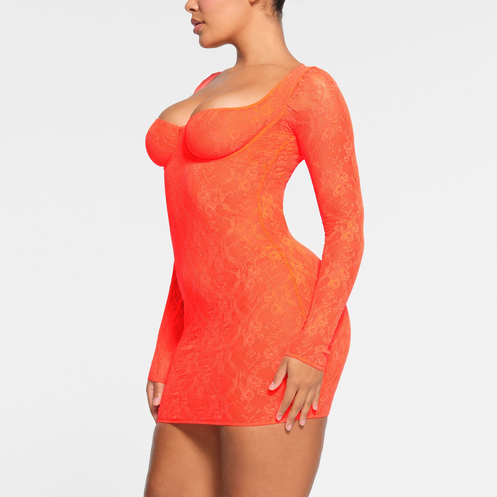 STRETCH LACE LINED LONG SLEEVE UNDERWIRE DRESS | SUNSET