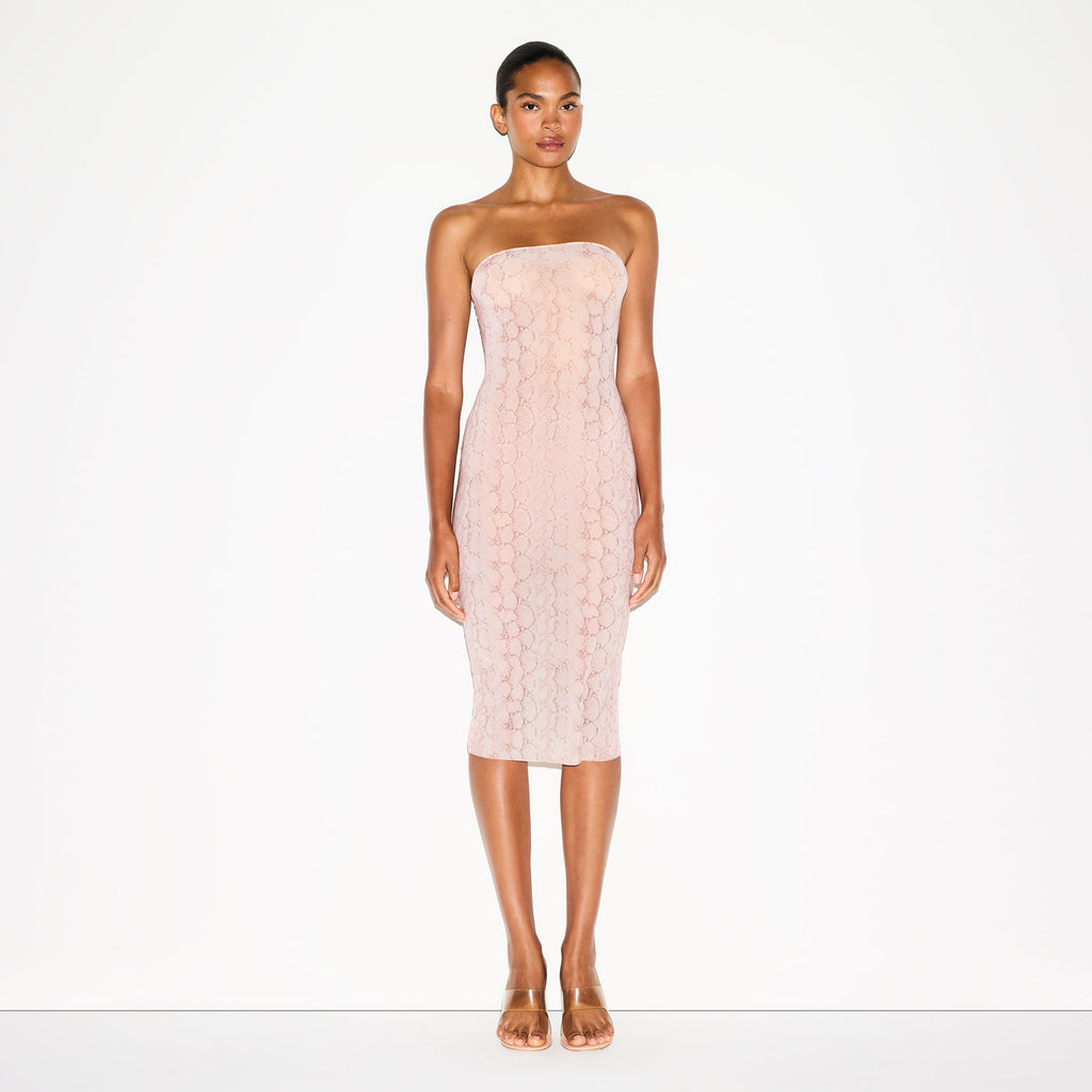 MILKY SHEER MIDI TUBE DRESS | ROSE PASTEL SNAKE PRINT